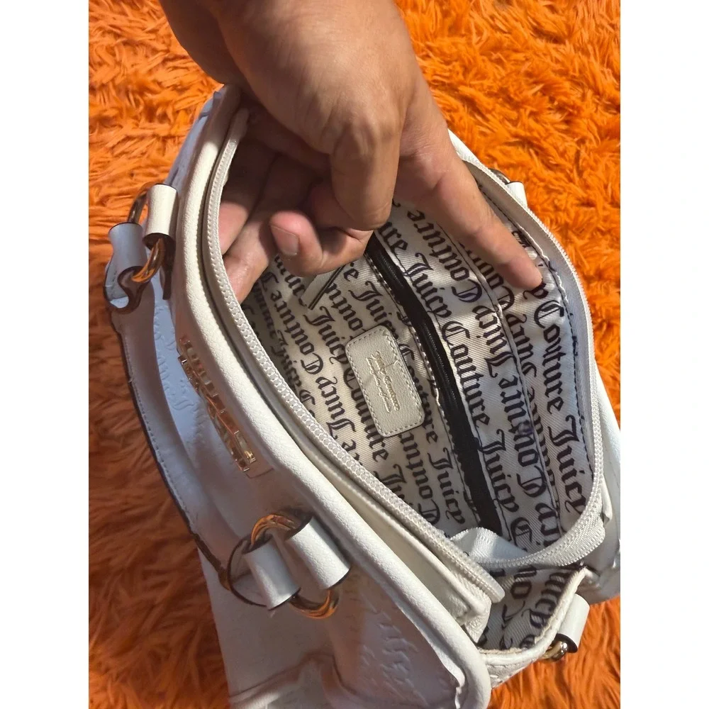 Juicy Couture Off White Embossed Logo Satchel Handbag Gold Tone Hardware Bag